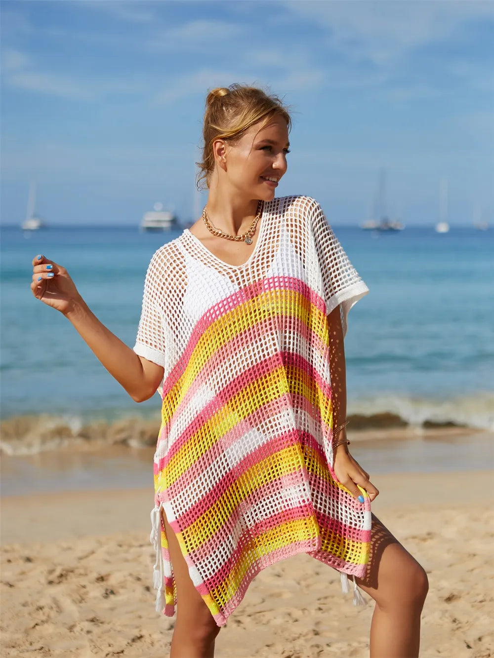 Cutout Striped Cover-Up with Tassel - Korvel