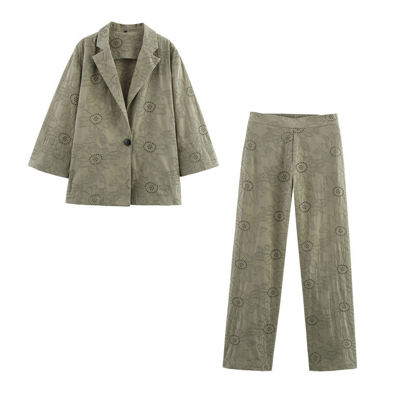 Elegant Embroidered Blazer and Straight Pants Set Style - Korvel