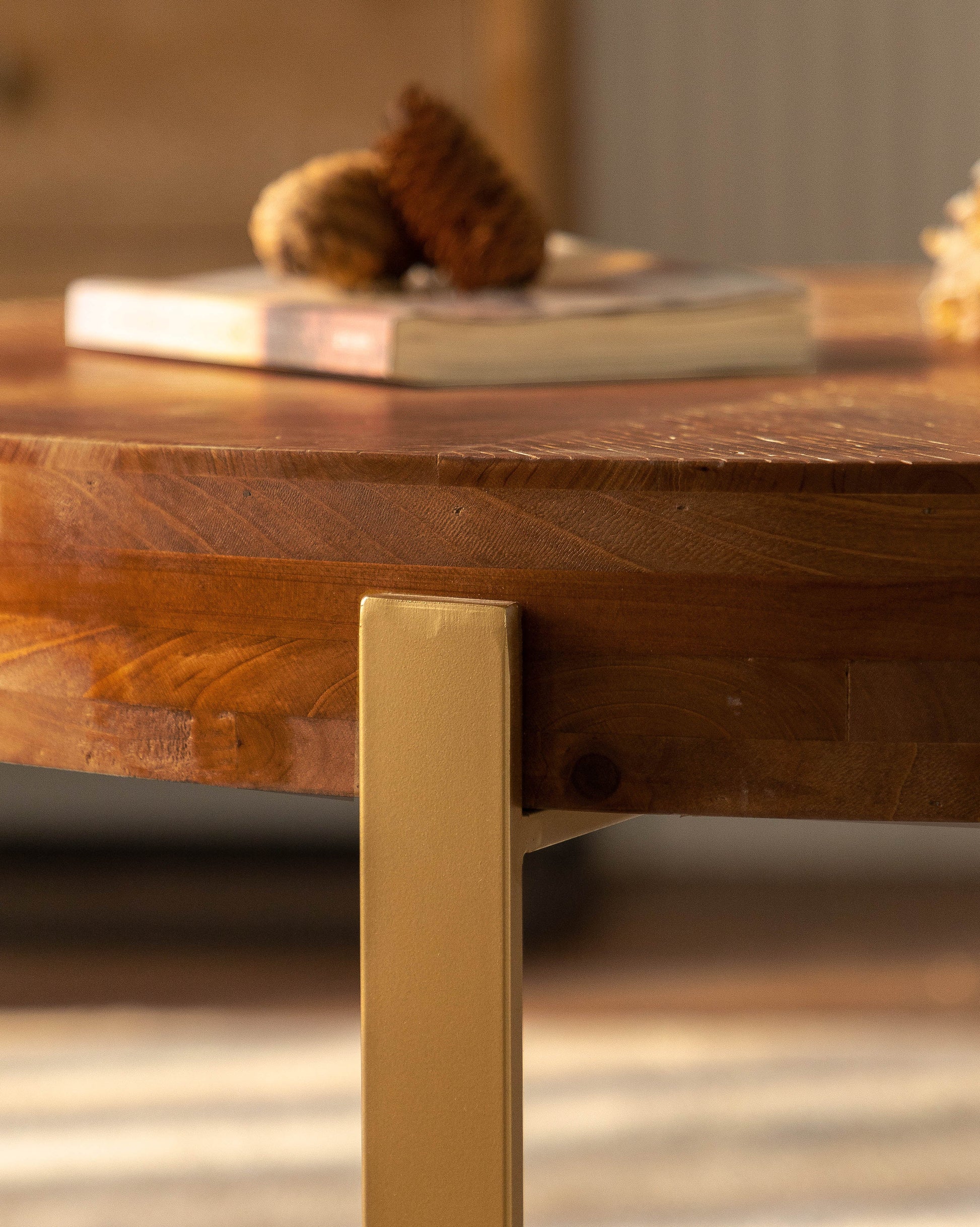 33.86"Modern Retro Splicing Round Coffee Table Fir Wood Table Top with Gold Cross Legs Base(Same SKU:W757126236) - Korvel
