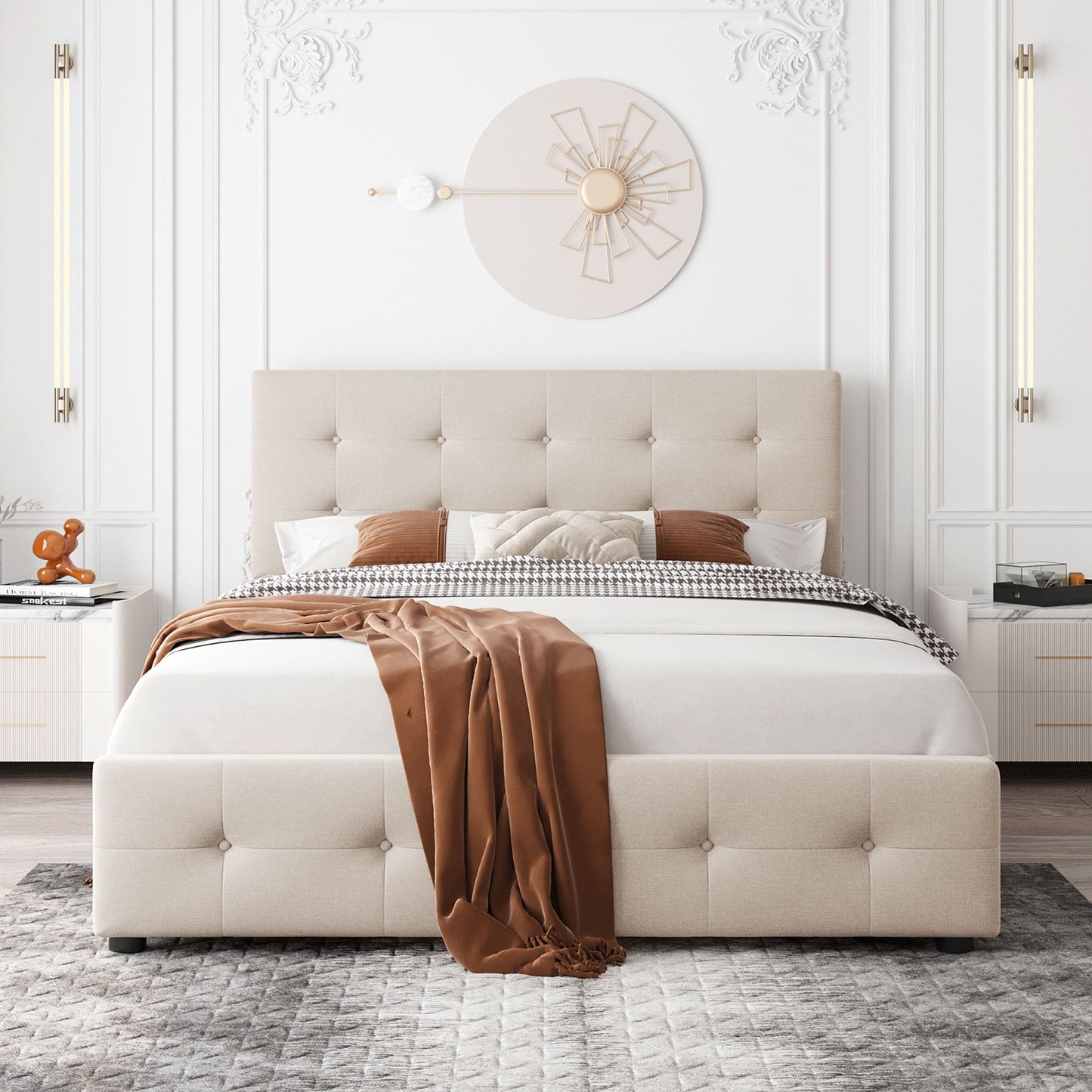 Upholstered Platform Bed with Classic Headboard and 4 Drawers No Box Spring Needed Linen Fabric Queen Size Beige - Korvel