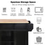 Kitchen trolley with rubber wood leaf countertop, 5-wheel kitchen island, storage cabinet and 3 dining drawers, black - Korvel