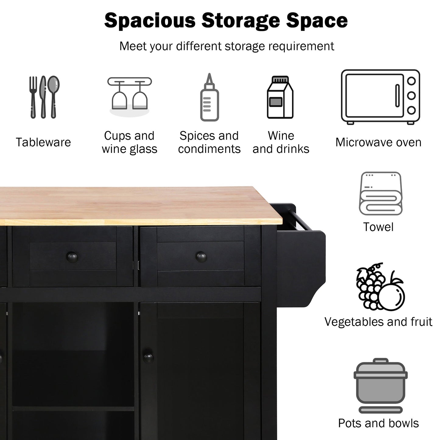 Kitchen trolley with rubber wood leaf countertop, 5-wheel kitchen island, storage cabinet and 3 dining drawers, black - Korvel