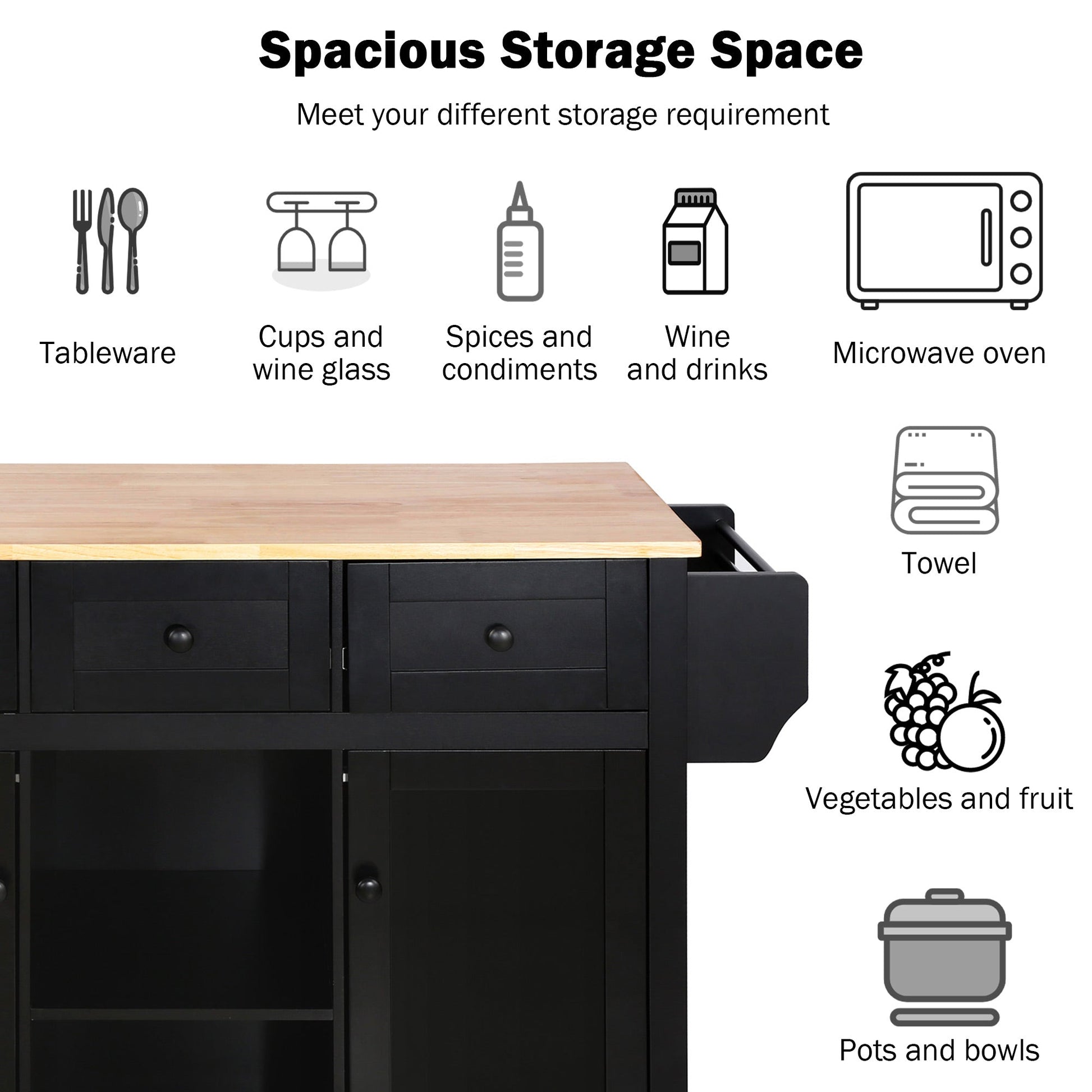Kitchen trolley with rubber wood leaf countertop, 5-wheel kitchen island, storage cabinet and 3 dining drawers, black - Korvel