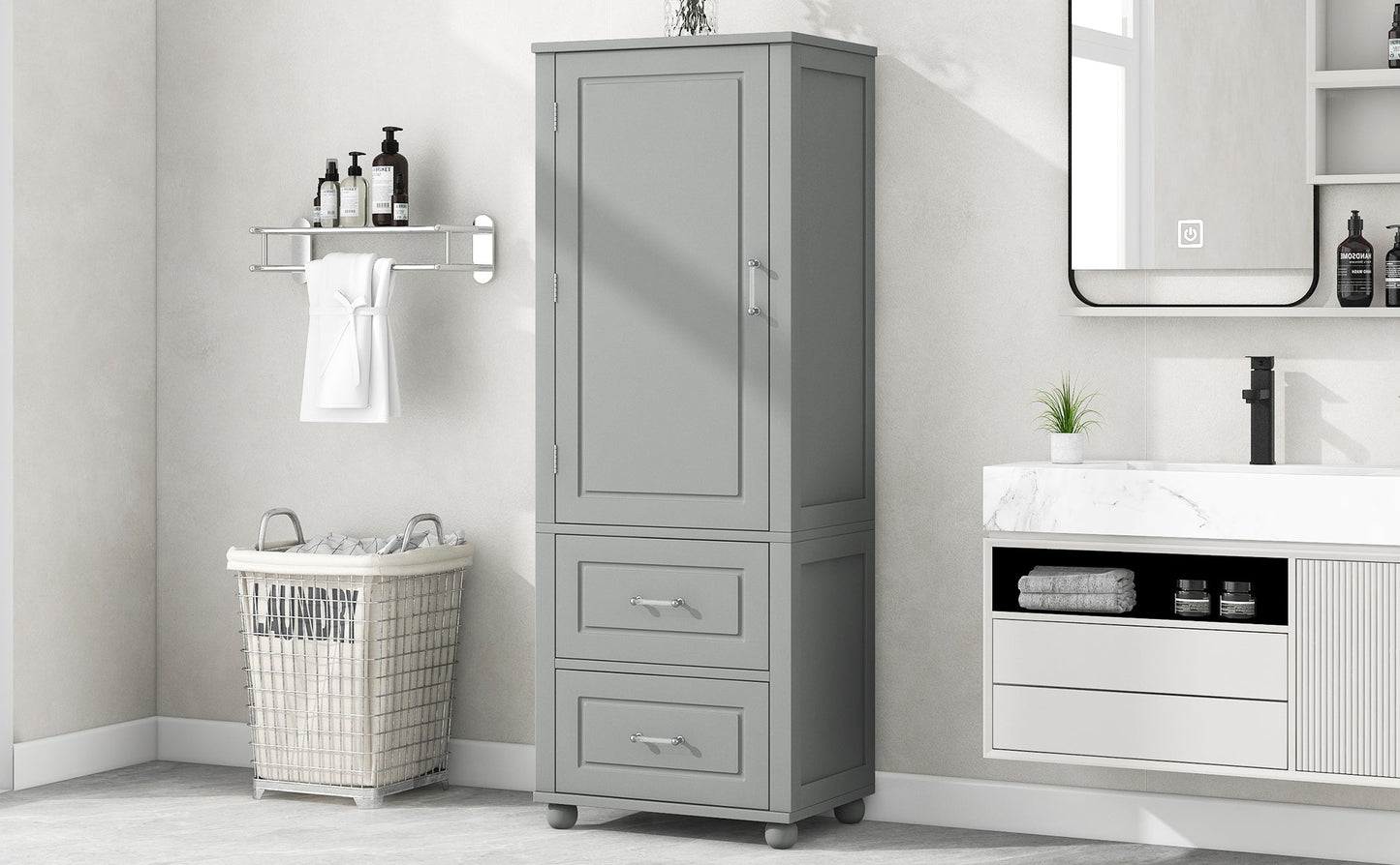 Tall Bathroom Storage Cabinet, Freestanding Storage Cabinet with Two Drawers and Adjustable Shelf, MDF Board , Grey - Korvel