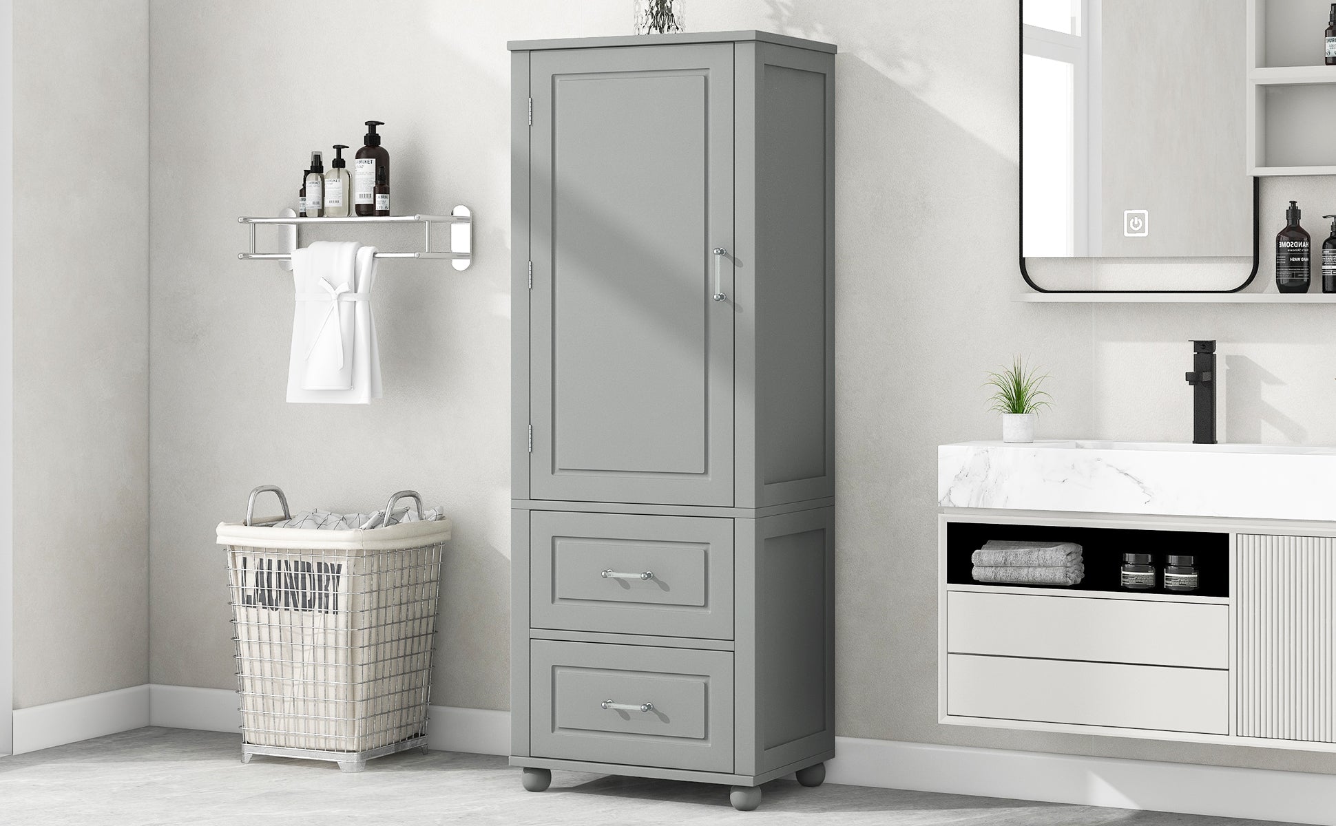 Tall Bathroom Storage Cabinet, Freestanding Storage Cabinet with Two Drawers and Adjustable Shelf, MDF Board , Grey - Korvel