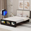 Queen Size Platform Bed Frame with Upholstery Headboard and Bookshelf in Footboard and LED Light Strips, Espresso - Korvel