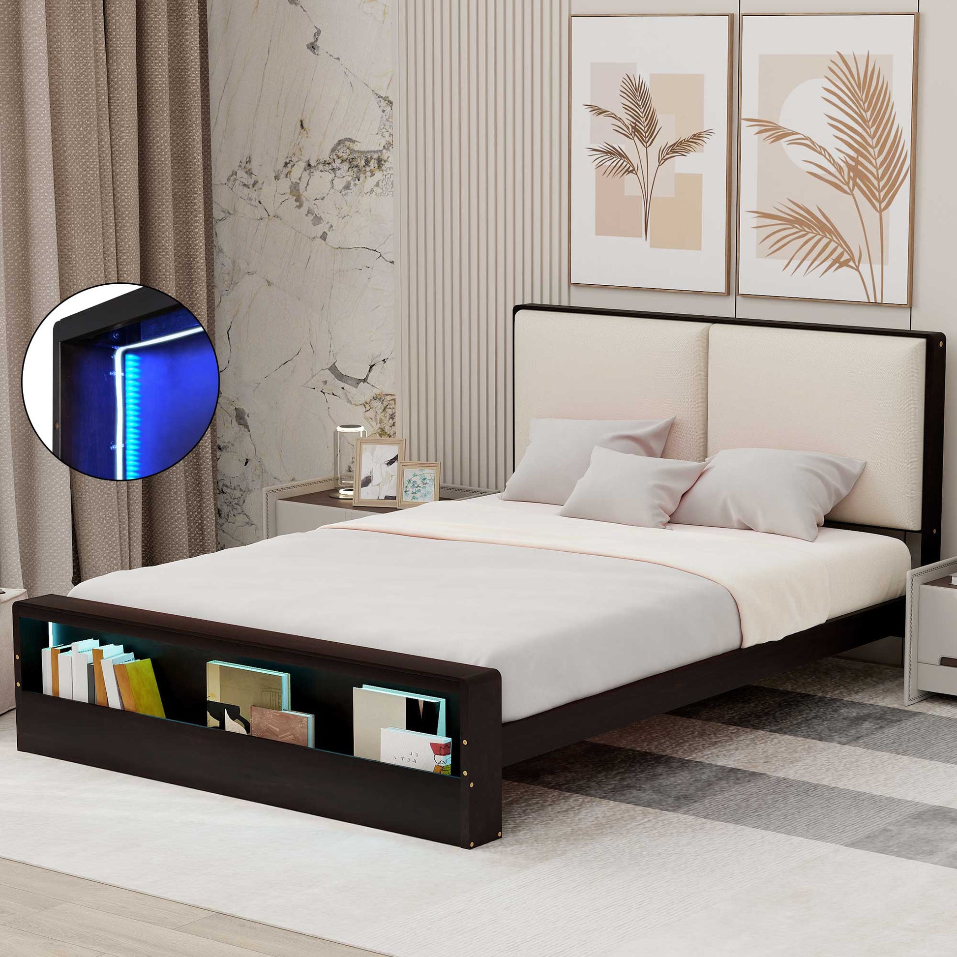 Queen Size Platform Bed Frame with Upholstery Headboard and Bookshelf in Footboard and LED Light Strips, Espresso - Korvel