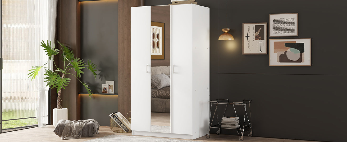3 Door Wardrobe with Mirror, Armoire with Hanging Rod and 3 Fixed Shelves,White - Korvel