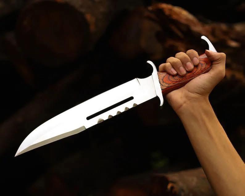 Legendary Rambo Bowie Knife - 12" D2 Steel Blade with Exotic Red Wood Handle - Korvel