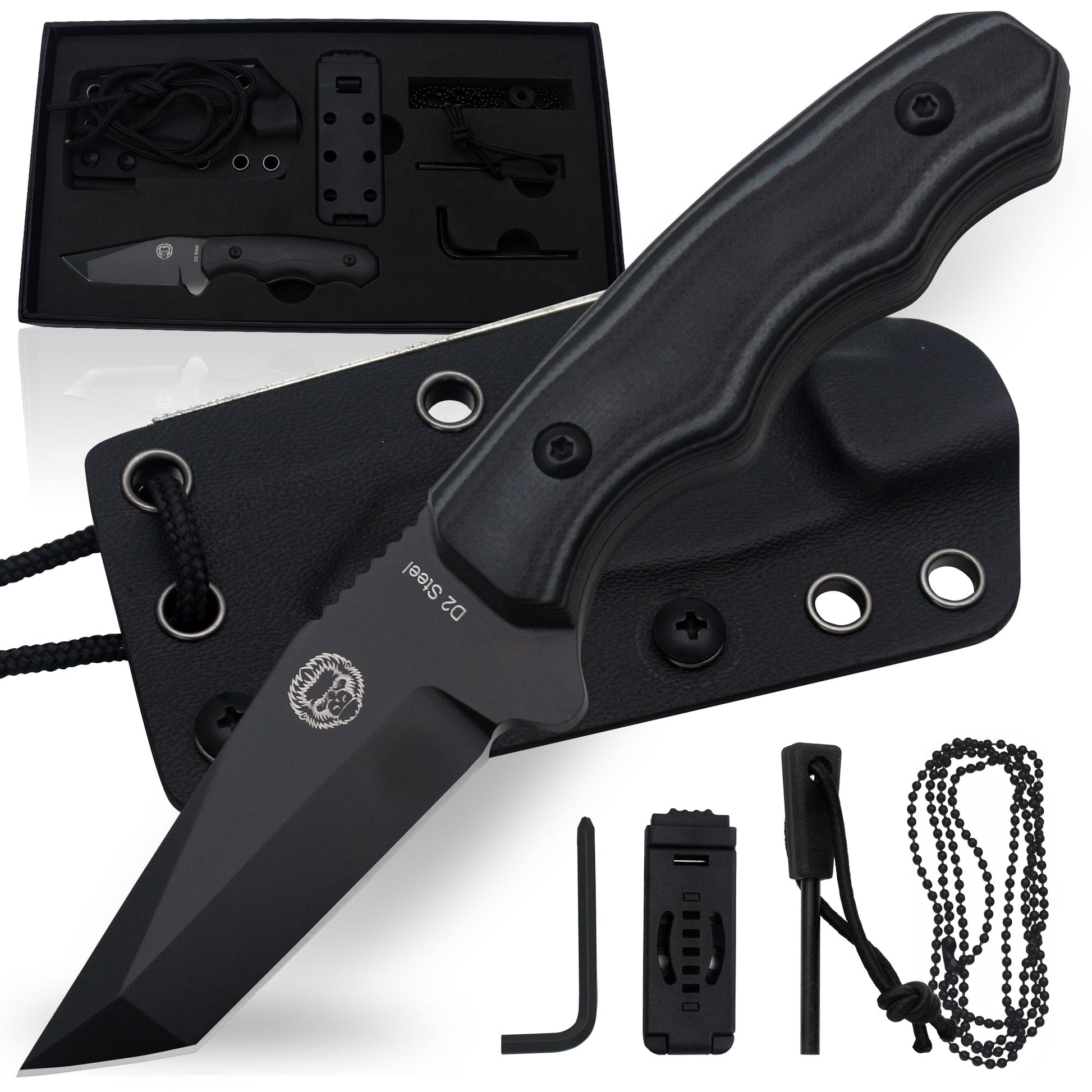 Wakizashi Tactical Neck Knife Gift Set for Outdoor Enthusiasts (Black Blade with Green Accents) - Korvel