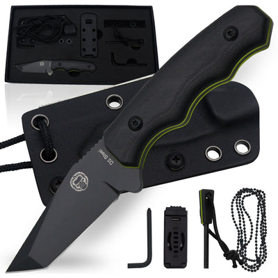 Wakizashi Tactical Neck Knife Gift Set for Outdoor Enthusiasts (Black Blade with Green Accents) - Korvel