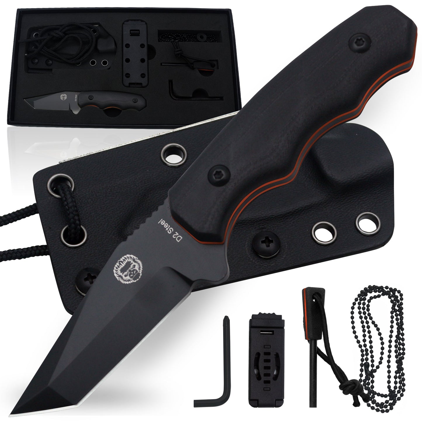 Wakizashi Tactical Neck Knife Gift Set for Outdoor Enthusiasts (Black Blade with Green Accents) - Korvel