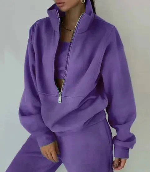 Women's Zipper Fleece Sweater Casual Set