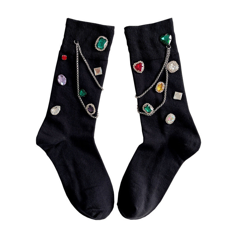 Luxury Black Chain Stacked Crew Socks for Women