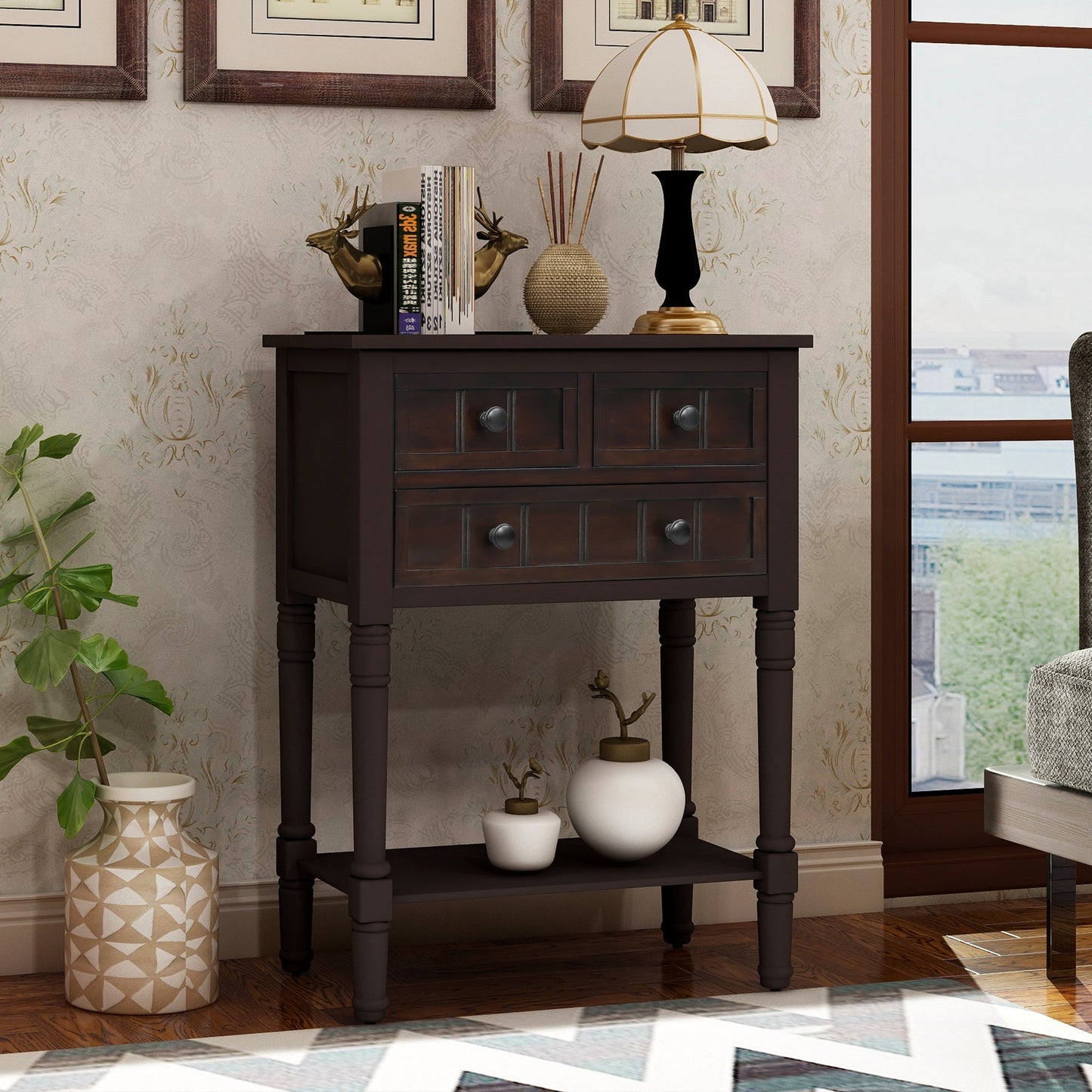 TREXM Narrow Console Desk, Ultra Thin Sofa Table with Three Storage Drawers and Living Room Bottom Shelves (Espresso) - Korvel