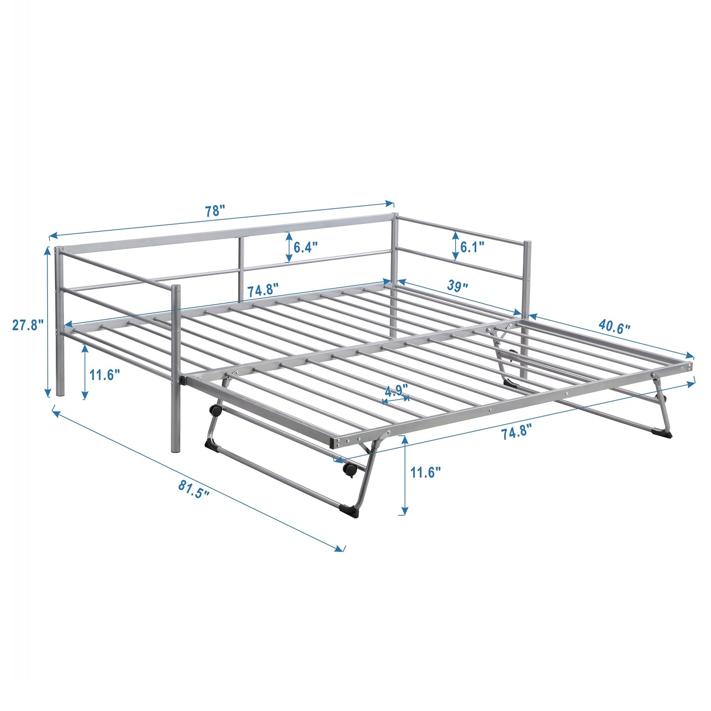 Twin Size Metal Daybed with Adjustable Trundle  Pop Up Trundle  Silver - Korvel