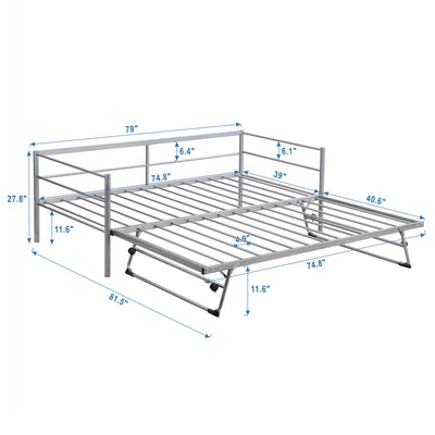 Twin Size Metal Daybed with Adjustable Trundle  Pop Up Trundle  Silver - Korvel