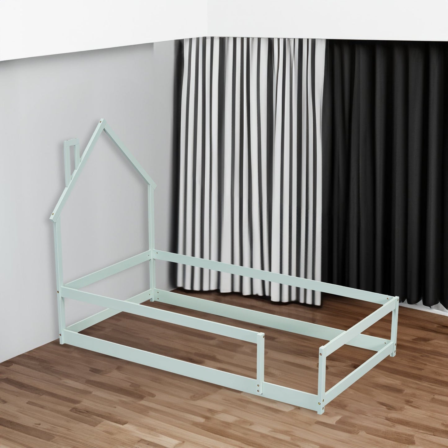 Twin Size Wood Bed with House-Shaped Headboard in Light Green