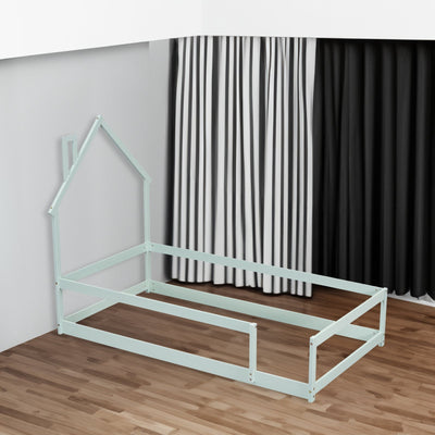 Twin Size Wood Bed with House-Shaped Headboard in Light Green