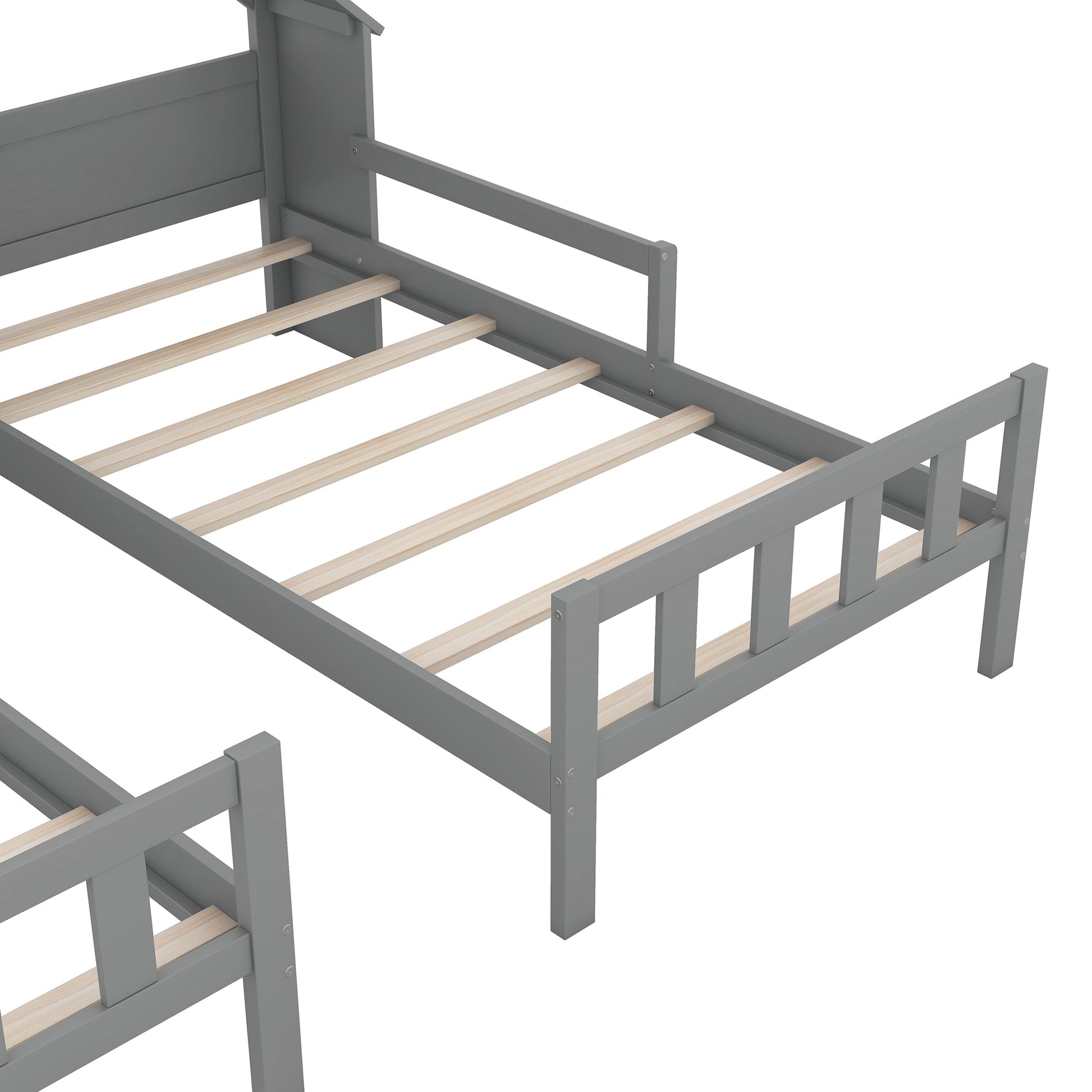 Double Twin Size Platform Bed with House-shaped Headboard and a Built-in Nightstand  Grey - Korvel