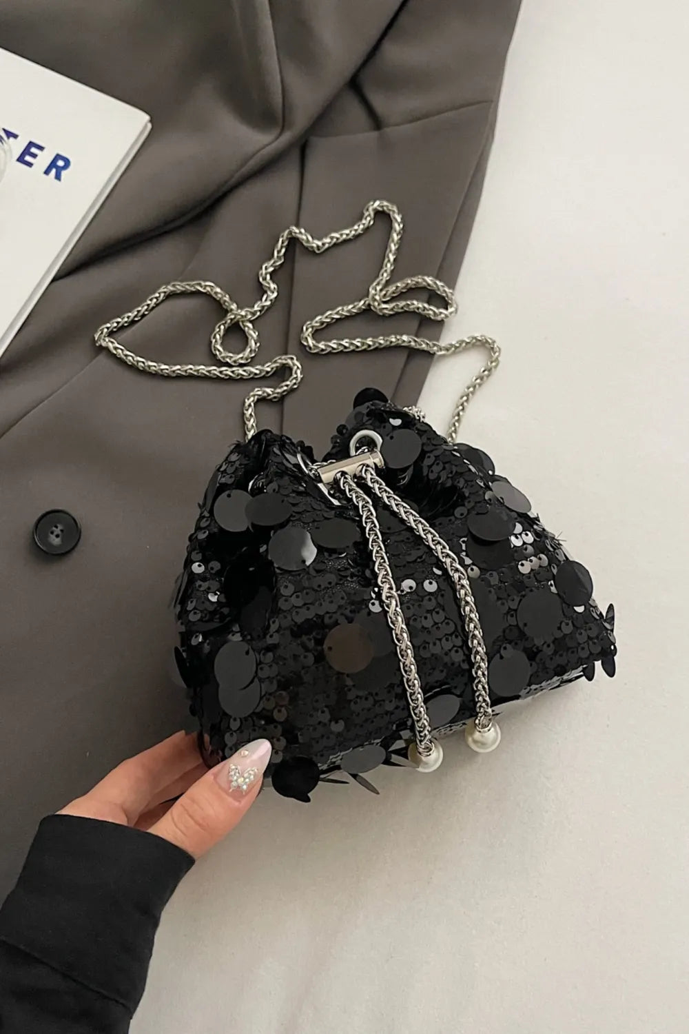 Drawstring Sequin Crossbody Bag - Korvel
