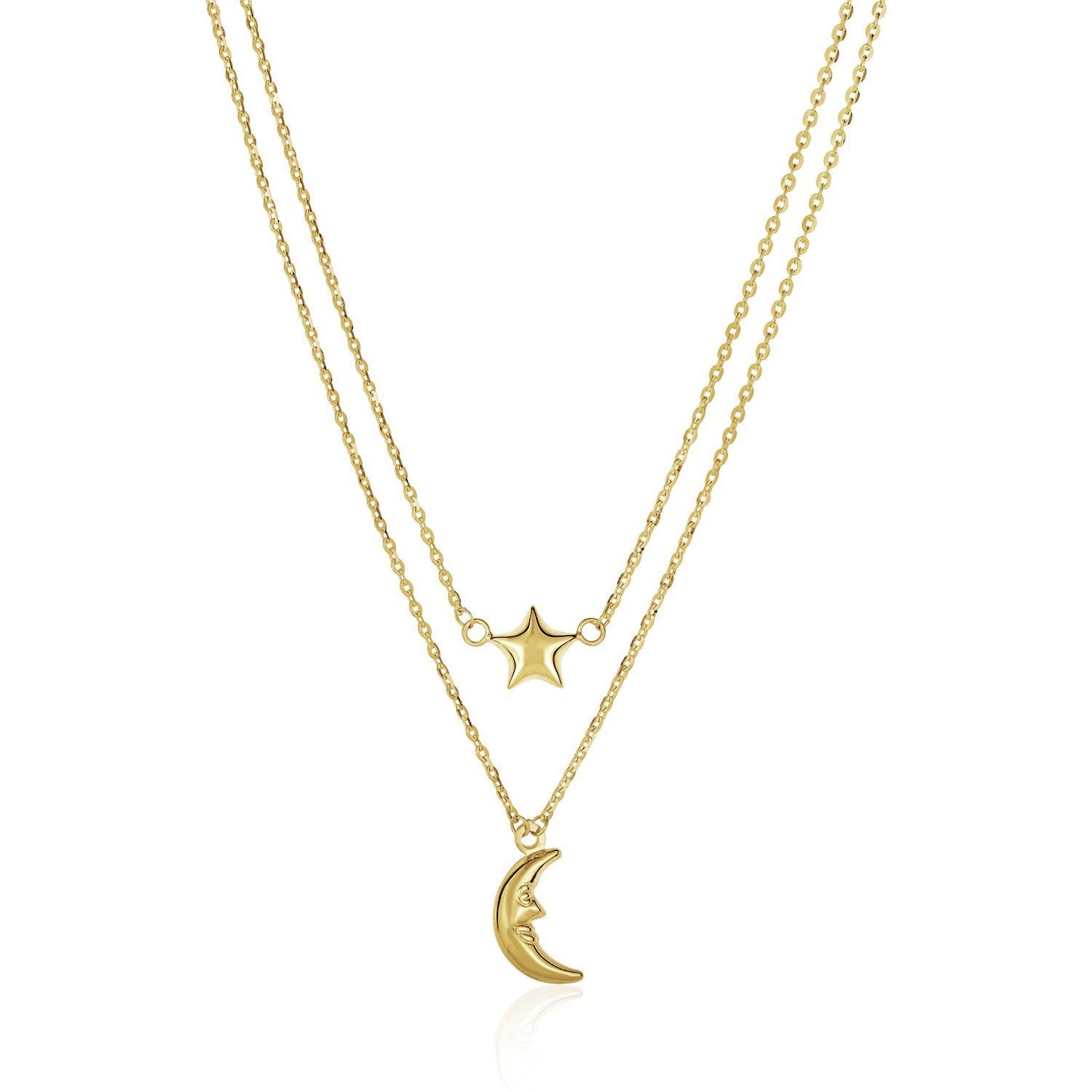 14k Yellow Gold Double-Strand Chain Necklace with Moon and Star