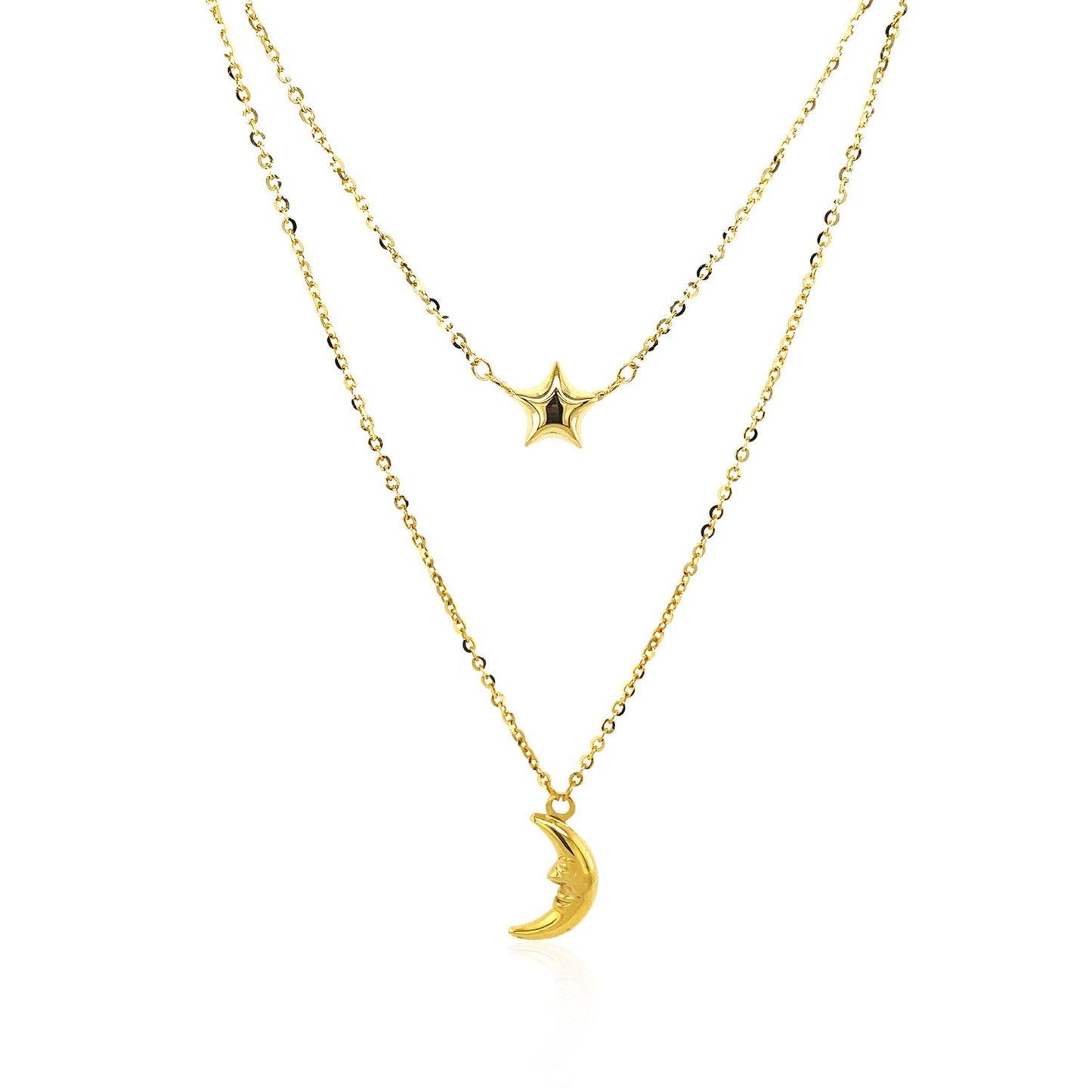 14k Yellow Gold Double-Strand Chain Necklace with Moon and Star