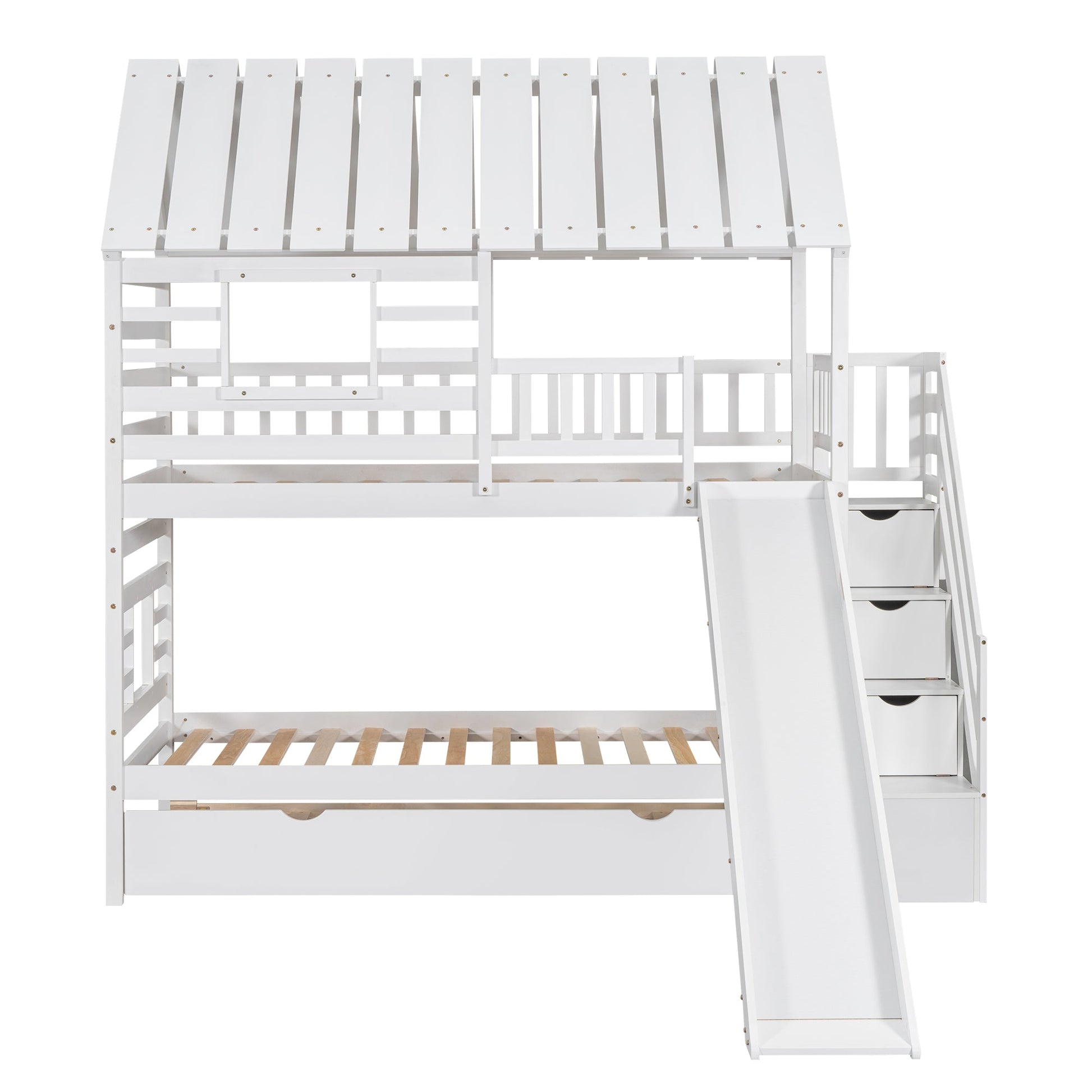 Twin over Twin House Bunk Bed with Trundle and Slide Storage Staircase Roof and Window Design  White - Korvel