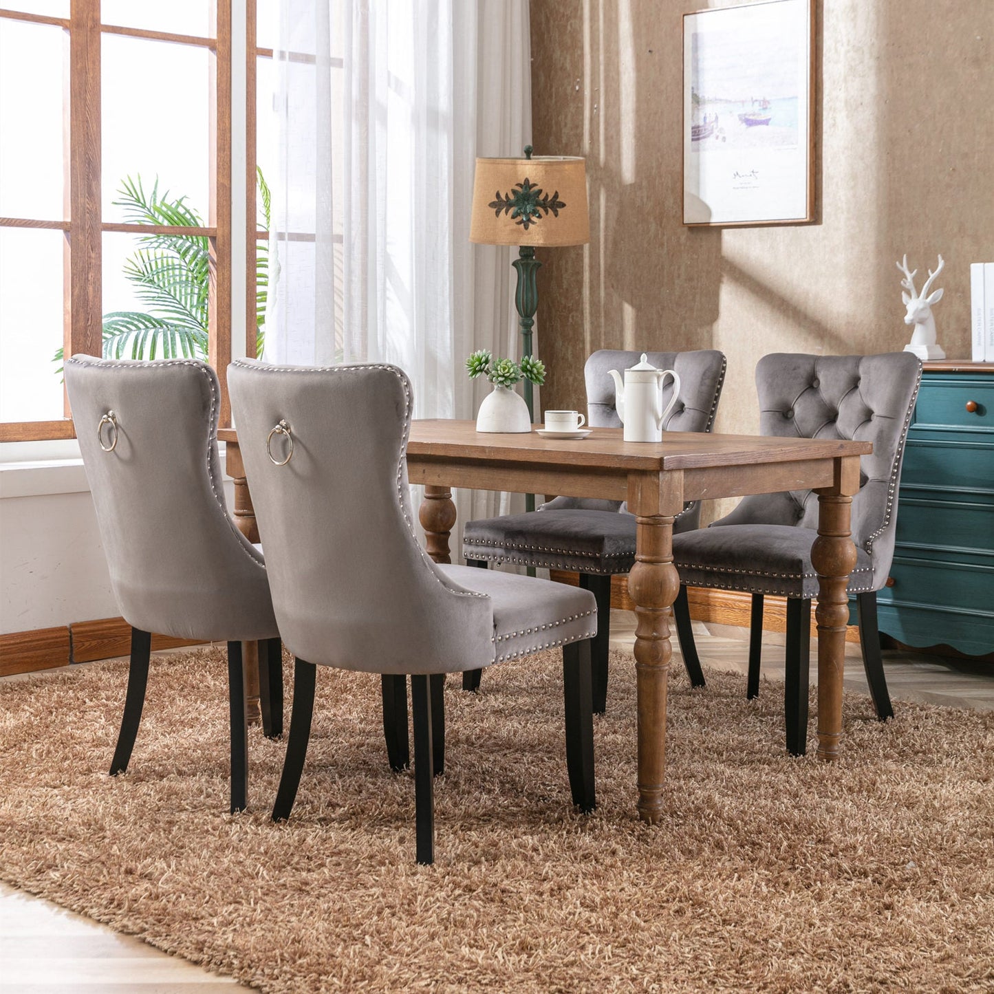 Modern high-end plush solid wood velvet cushioned dining chair with wooden leg nail head decoration, two piece set in gray - Korvel