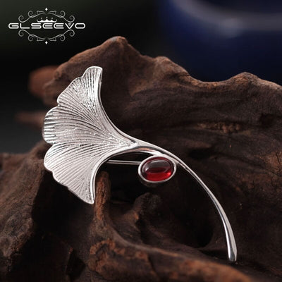 GLSEEVO Ginkgo Biloba Leaf Brooch - 925 Sterling Silver with Garnet