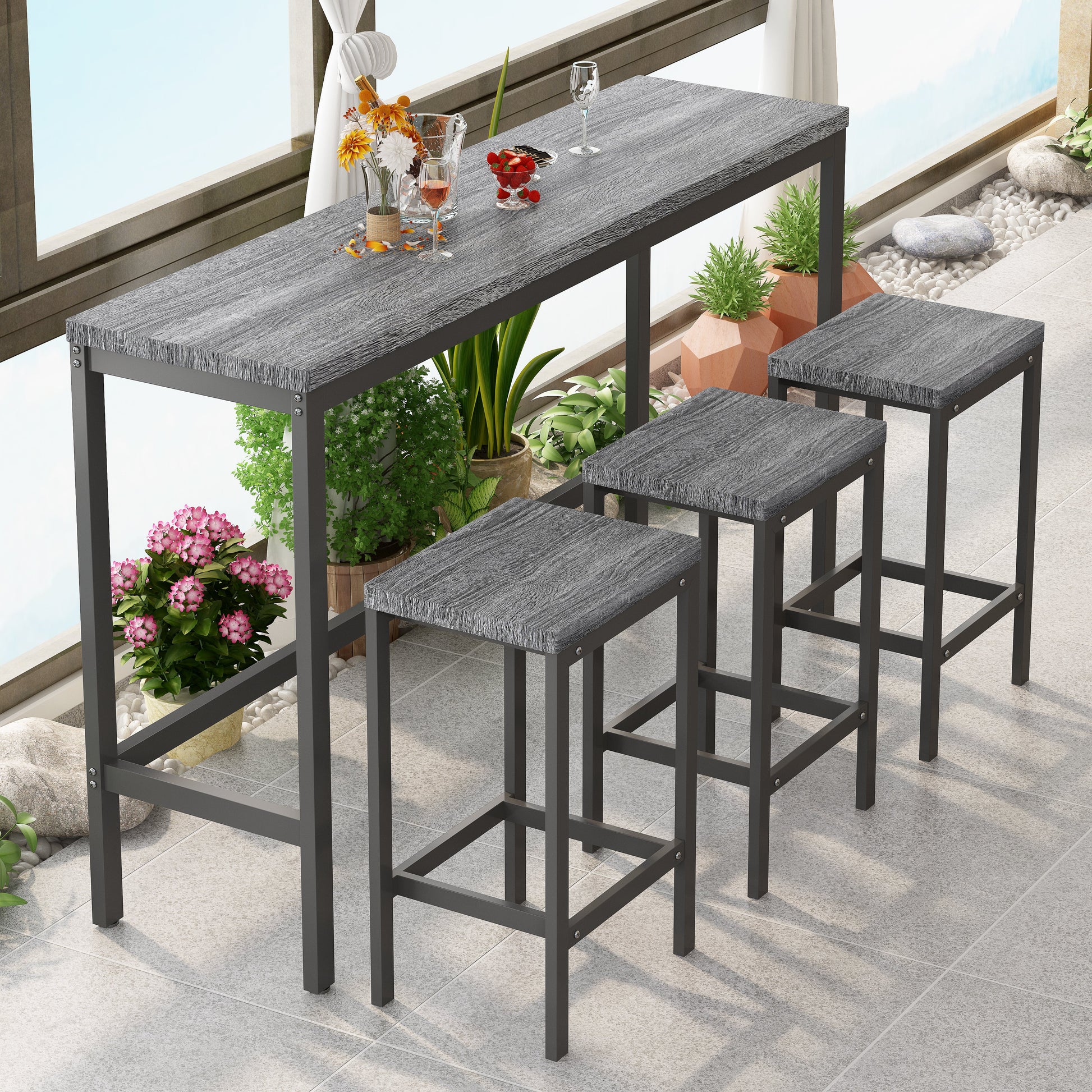 Modern Design Kitchen Dining Table Pub Table Long Dining Table Set with 3 Stools Easy Assembly Gray - Korvel