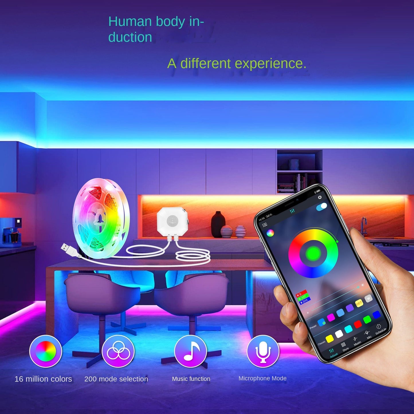 Colorful Bluetooth App Human Body Sensing Bedside Lamp with USB 5V 5050 Bedroom Induction - Korvel