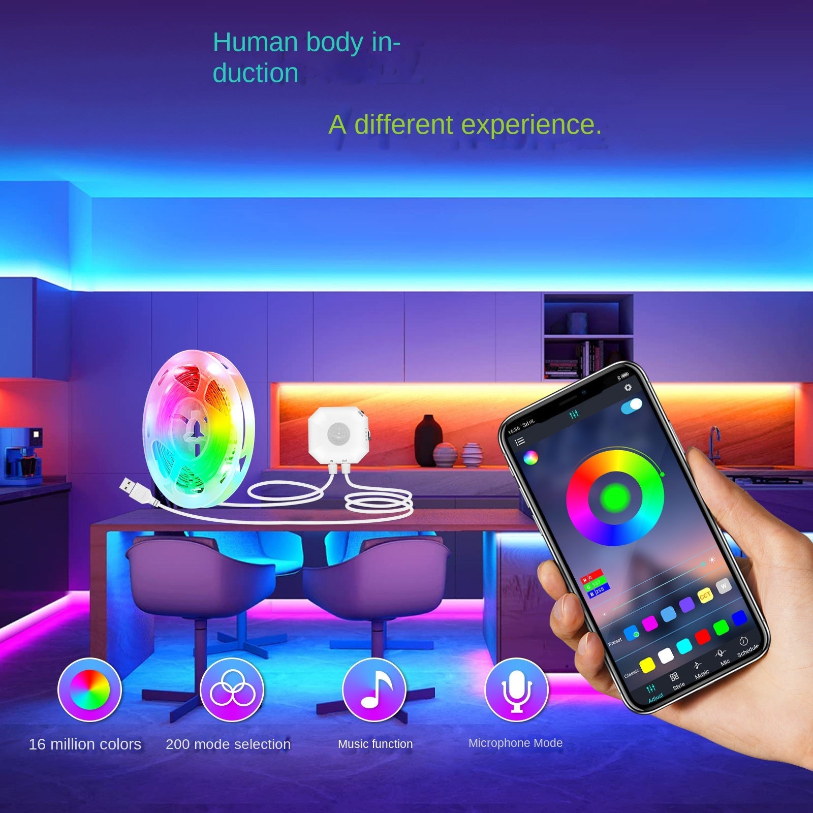 Colorful Bluetooth App Human Body Sensing Bedside Lamp with USB 5V 5050 Bedroom Induction - Korvel