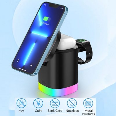 3 In 1 Magnetic Wireless Fast Charger For Smart Phone RGB Ambient Light Charging Station For Airpods IWatch - Korvel