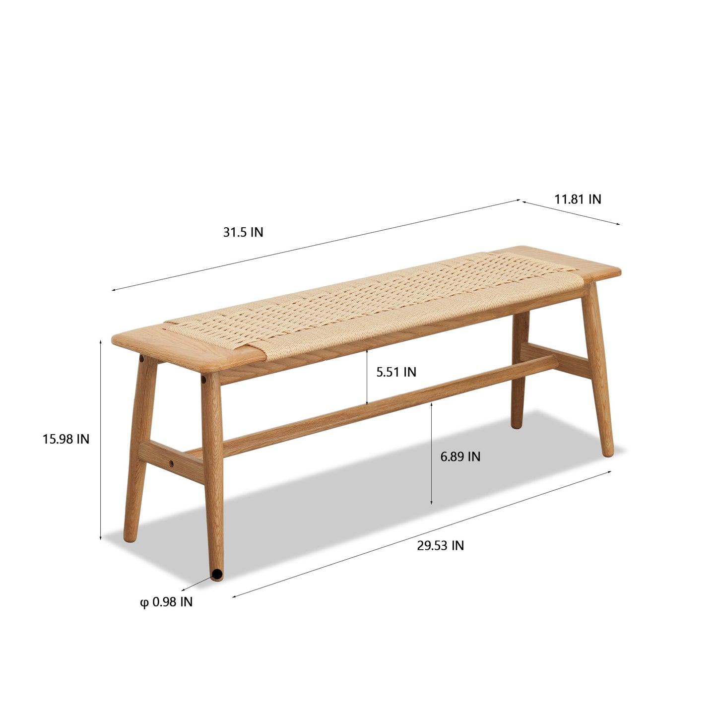 Woven Design Natural Oak Wood Backless Dining Bench