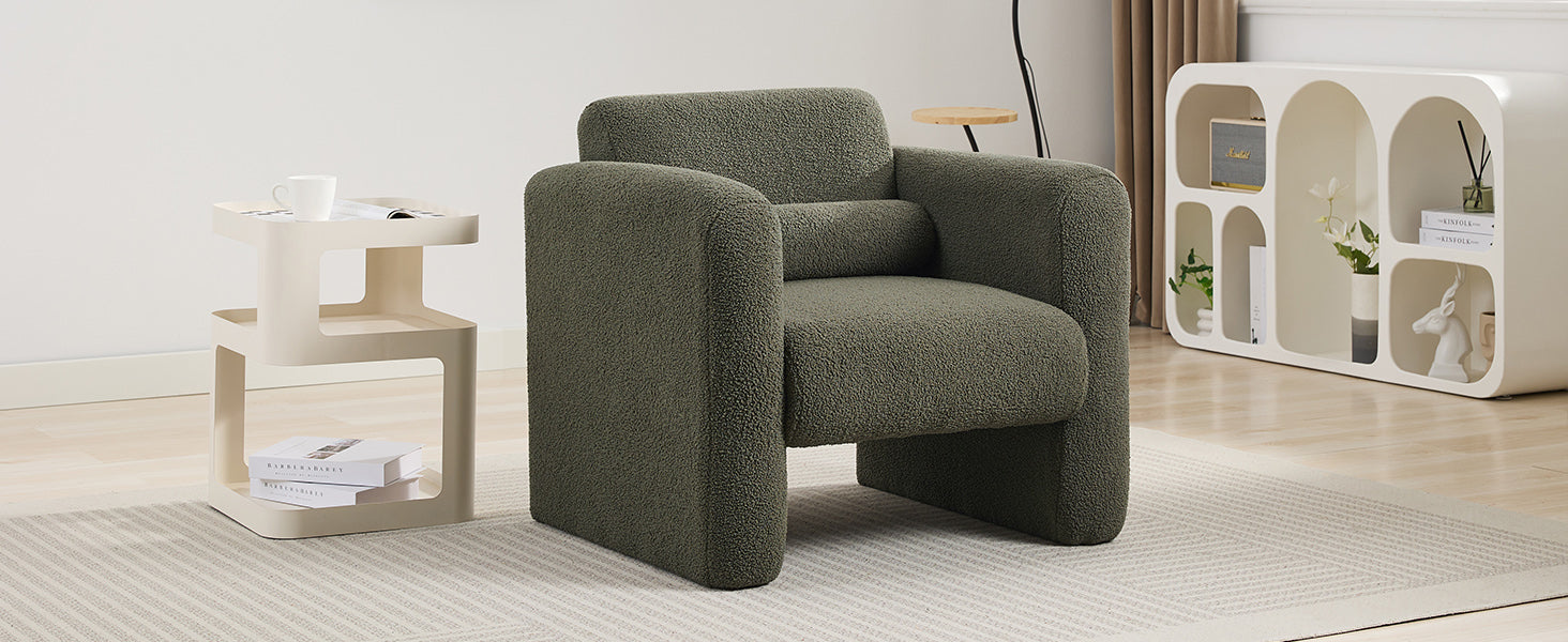 Modern style chair with sheepskin Sherpa fabric soft cushion, comfortable armchair, soft with backrest and pillow, seaweed green - Korvel