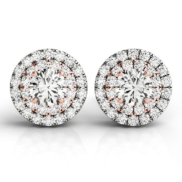 14k White and Rose Gold Round Halo Diamond Earrings