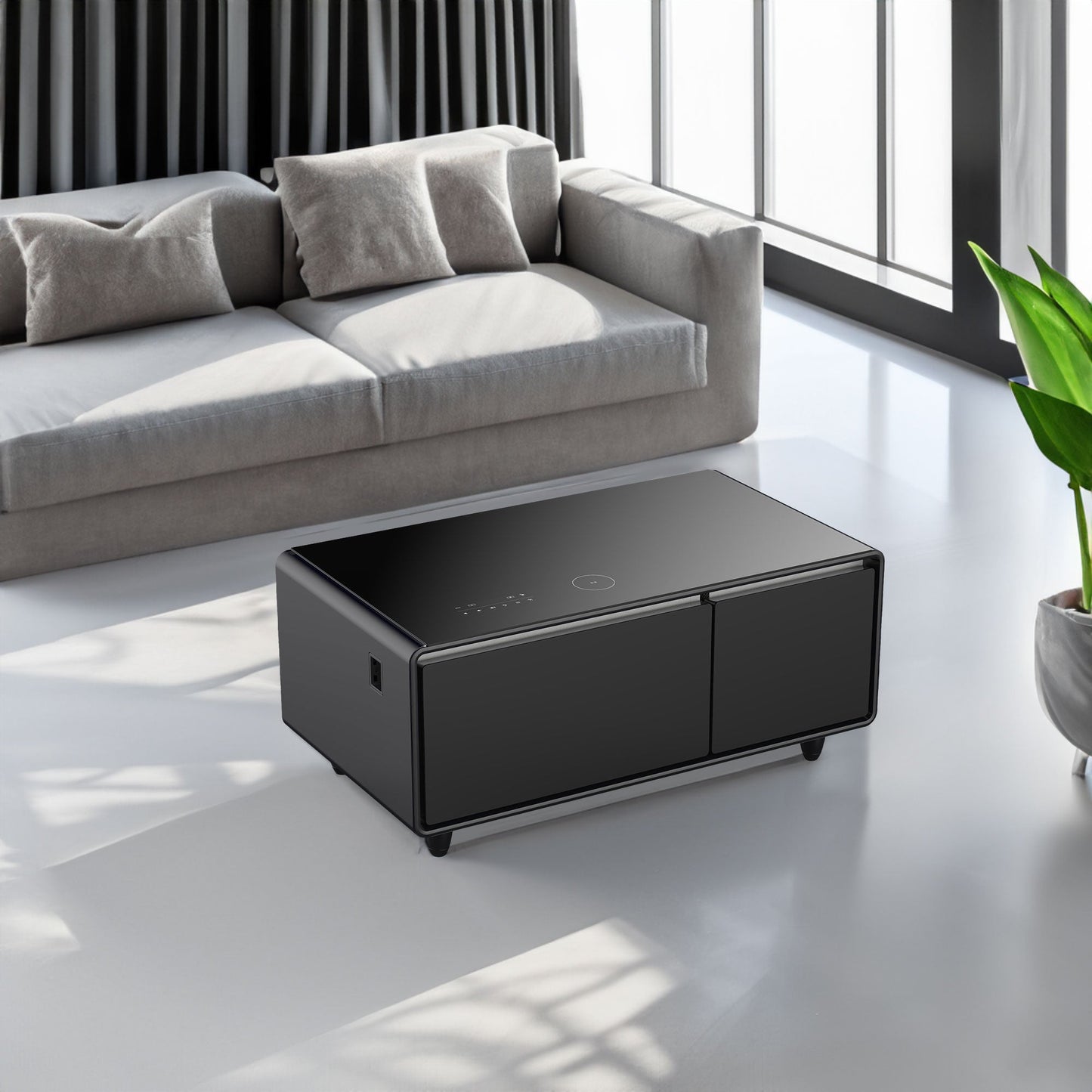 Modern Smart Coffee Table with Built-in Fridge, Bluetooth Speaker, Wireless Charging, Touch Control Panel, USB Interface Black - Korvel