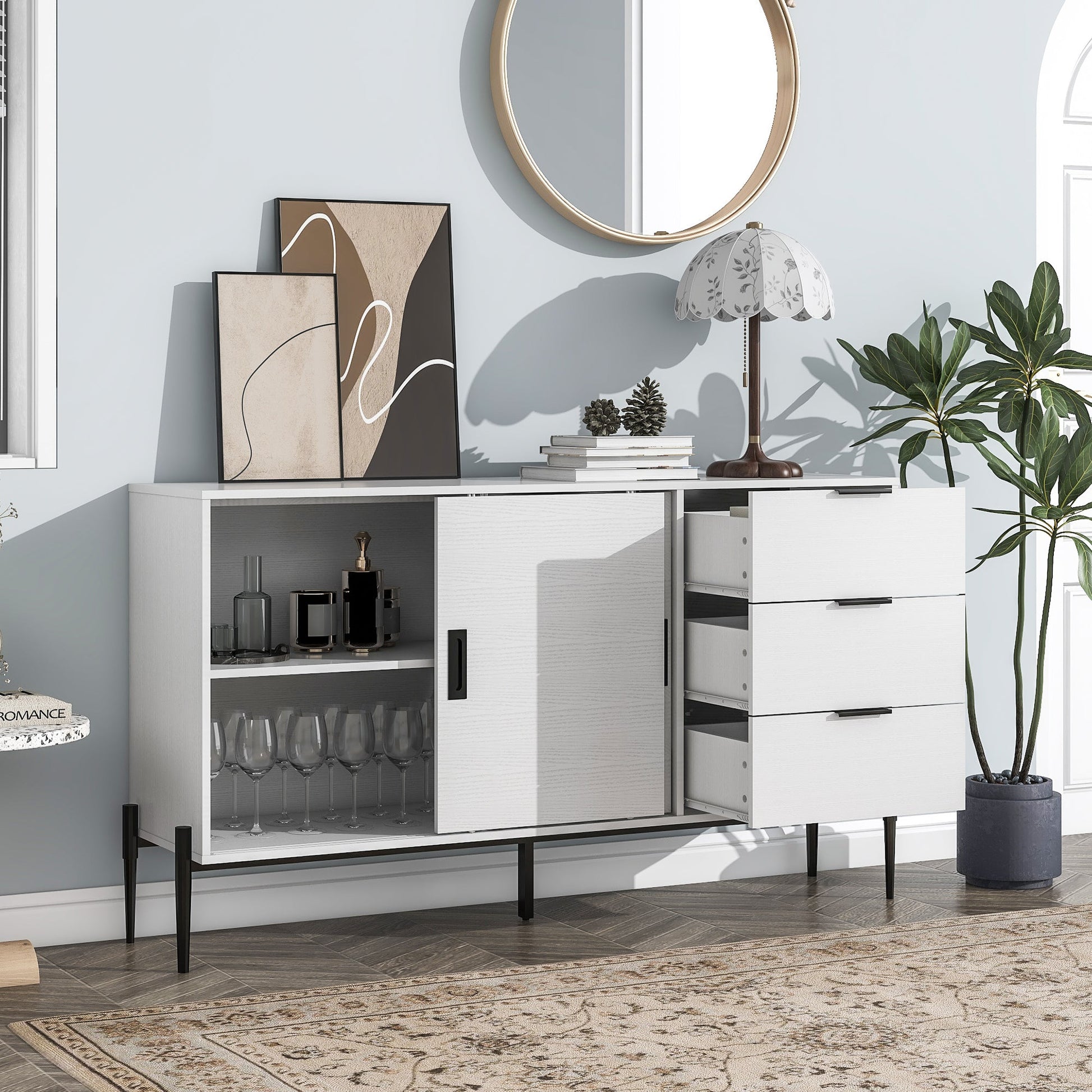Modern characteristic storage cabinet side panel with glass sliding door and 3 drawers, dining table cabinet in white color - Korvel