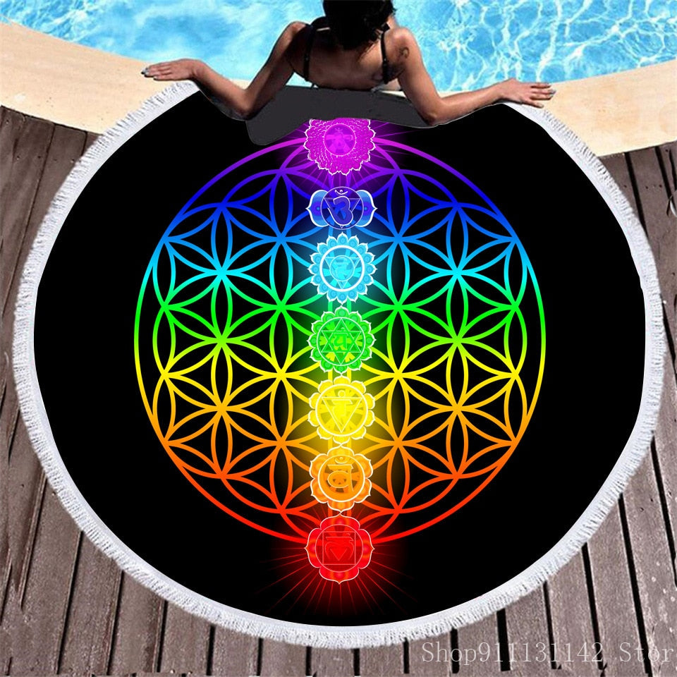 3d Bohemian Tai Chi Animal Digital Print Round Ribbon Beach Towel Swimming Yoga Picnic Mat Bikini Covered Napkin - Korvel