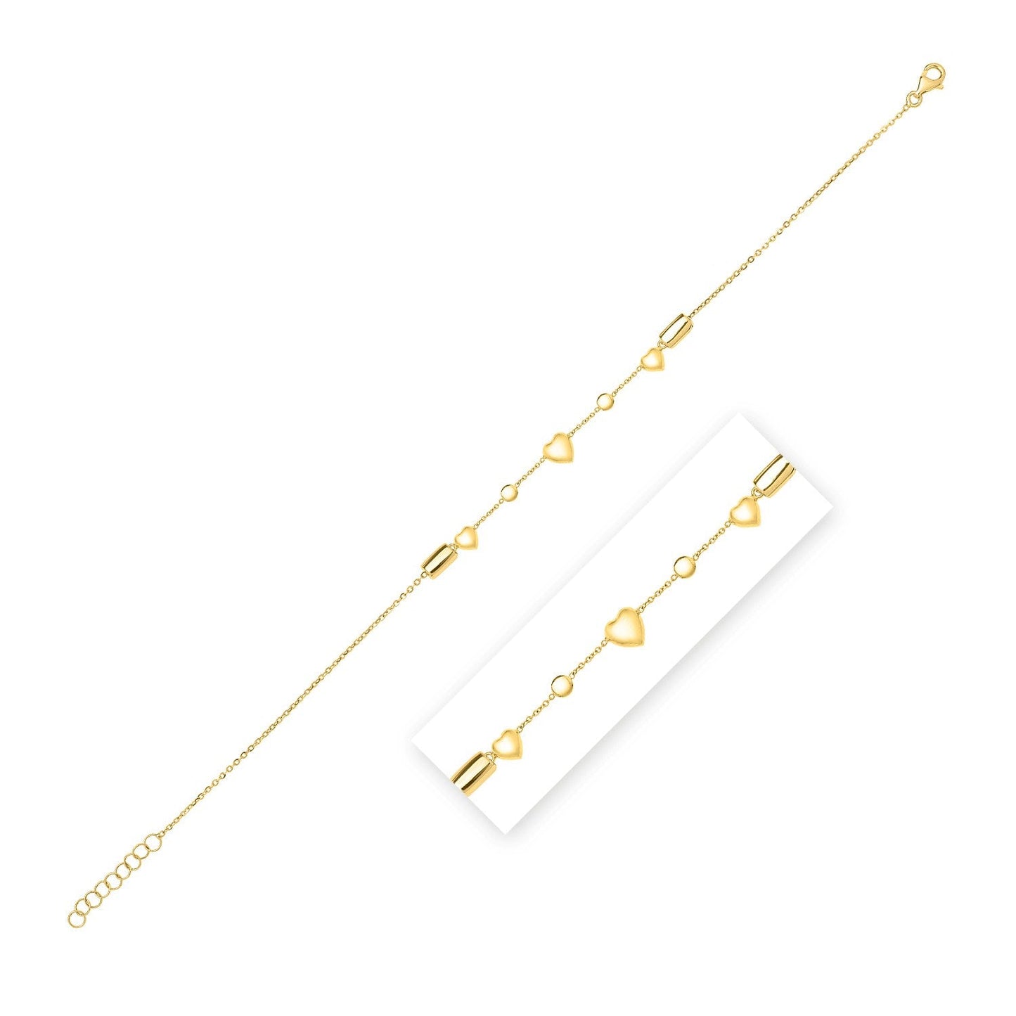 Tobillo ajustable de corazón hinchado de oro amarillo de 14k