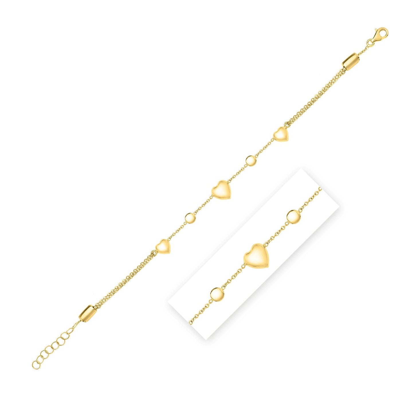 Tobillo ajustable de corazón hinchado de oro amarillo de 14k