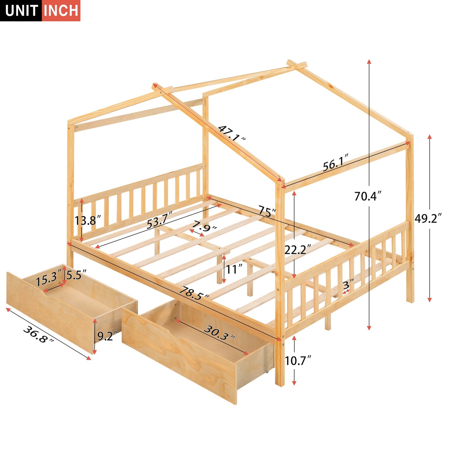 Full Size House Platform Bed with Storage Drawers and Roof Design