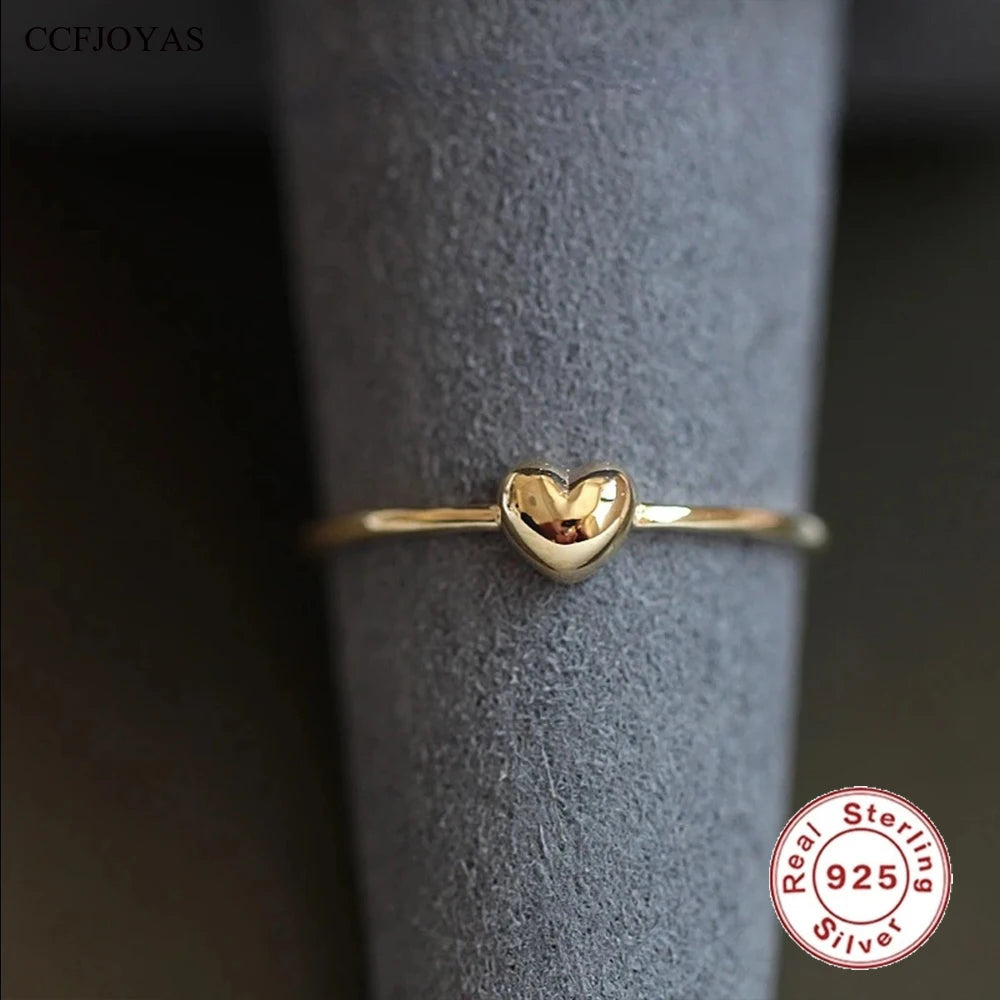 925 Sterling Silver Plated 14K Gold Chubby Love Ring for Girl Simple and Versatile Super Cute Heart Ring Fine Jewelry - Korvel