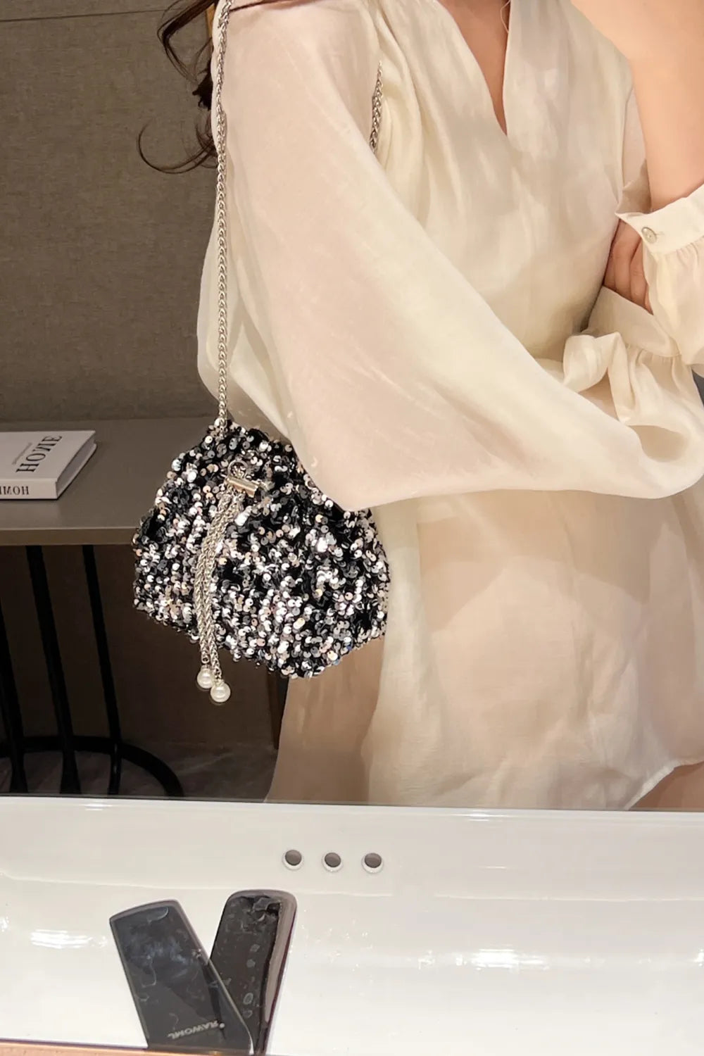 Sequin Chain Drawstring Bucket Bag - Korvel