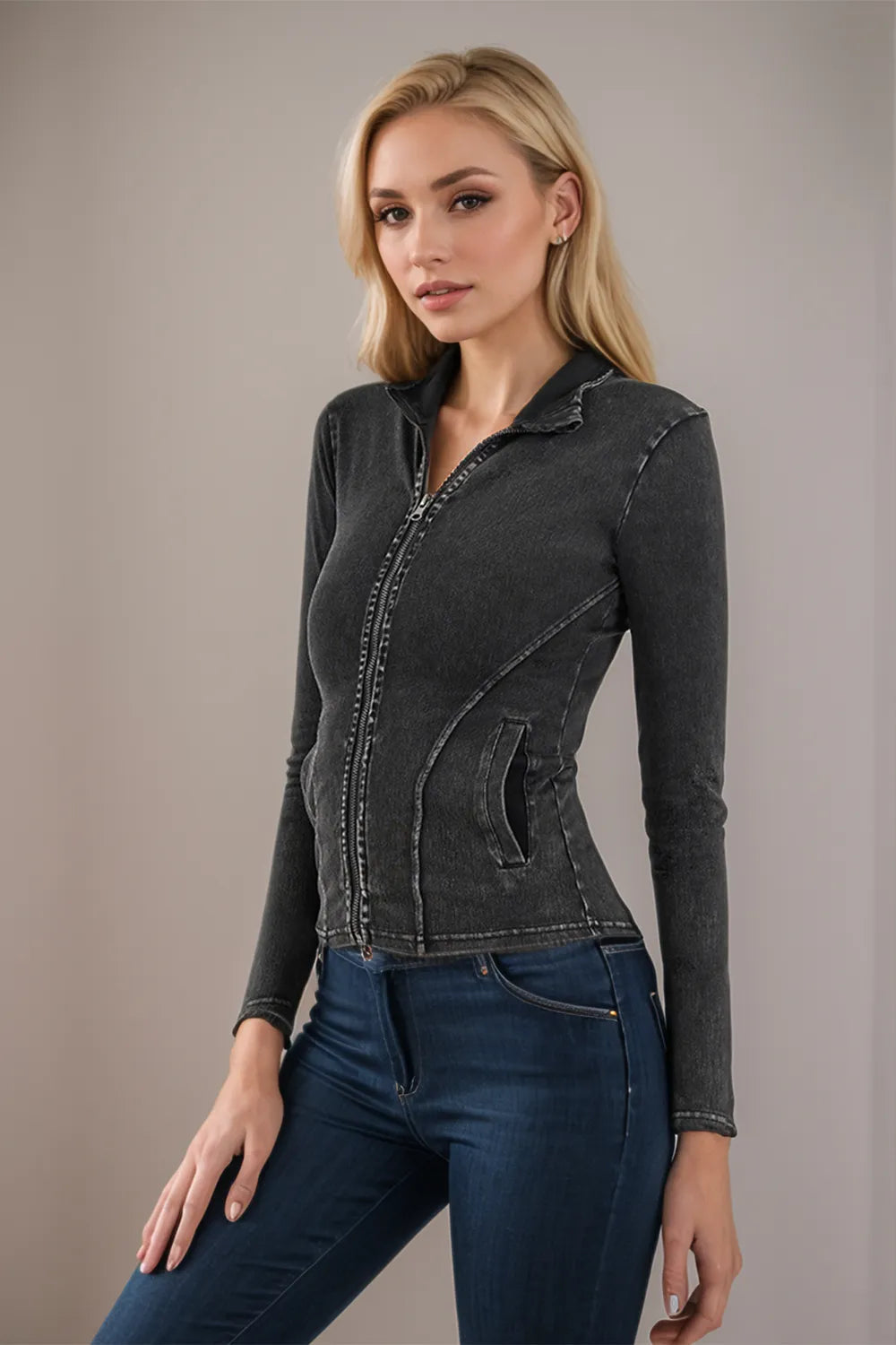 Pocketed Turtleneck Zip Up Denim Top - Korvel