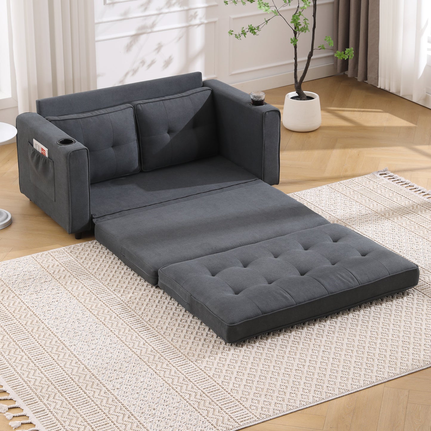 Three in one soft cushion cushion cushion sofa, folding mattress sofa bed, with side pockets and cup holder, dark gray - Korvel
