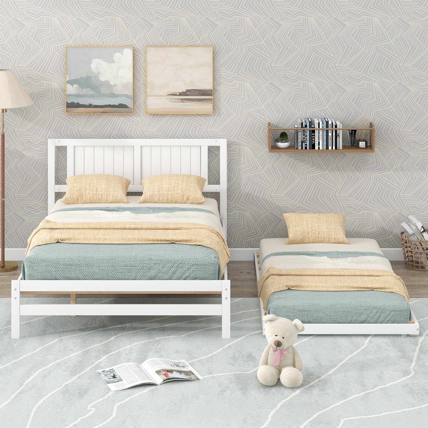 Lit plateforme de taille complète avec trundle ajustable - Blanc
