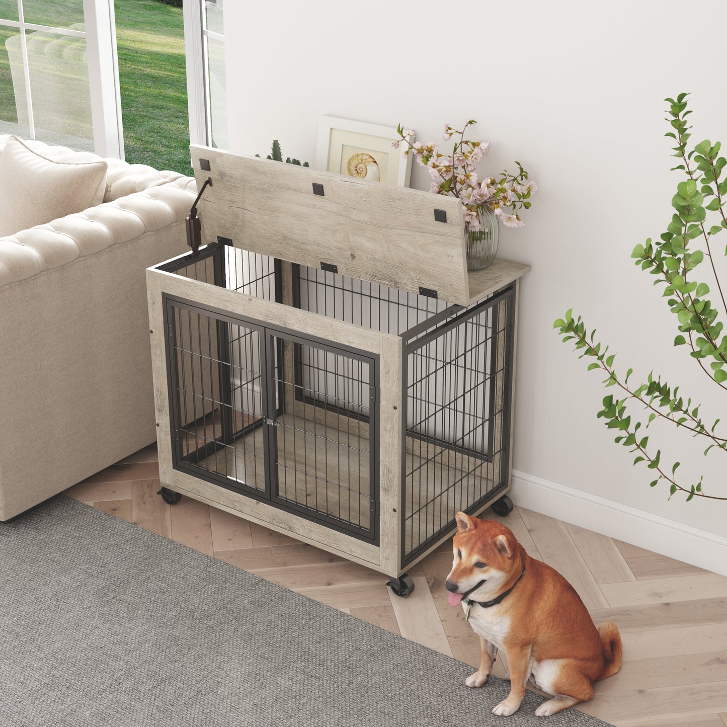 Elegant Grey Furniture Dog Cage Crate with Double Doors