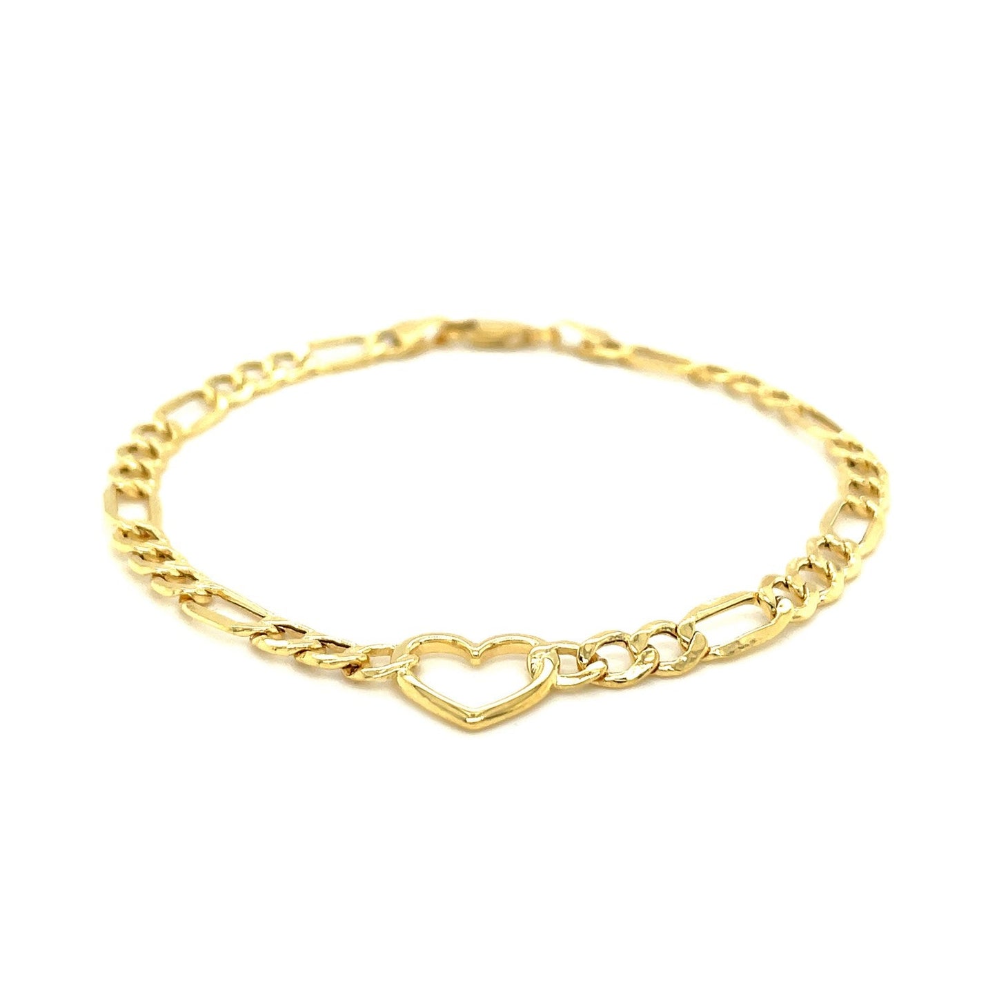 Pulsera de Cadena Figaro de Oro Amarillo de 14k con Corazón